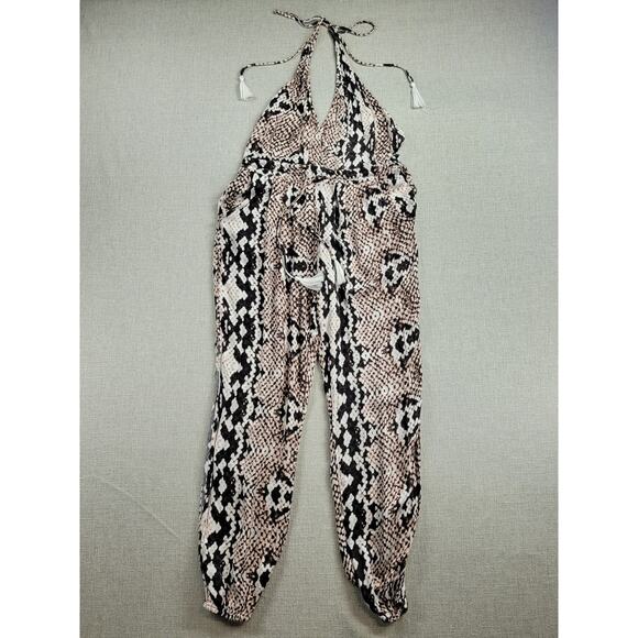 Olivaceous Womens Jumpsuit Size S White Brown Snake Print Halter Tassel Backless - Picture 1 of 13